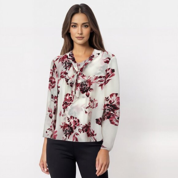 DKNY Floral Cream & Pink Long Sleeve Sheer Bow Tie Front Pullover Blouse Size PM - Picture 13 of 13